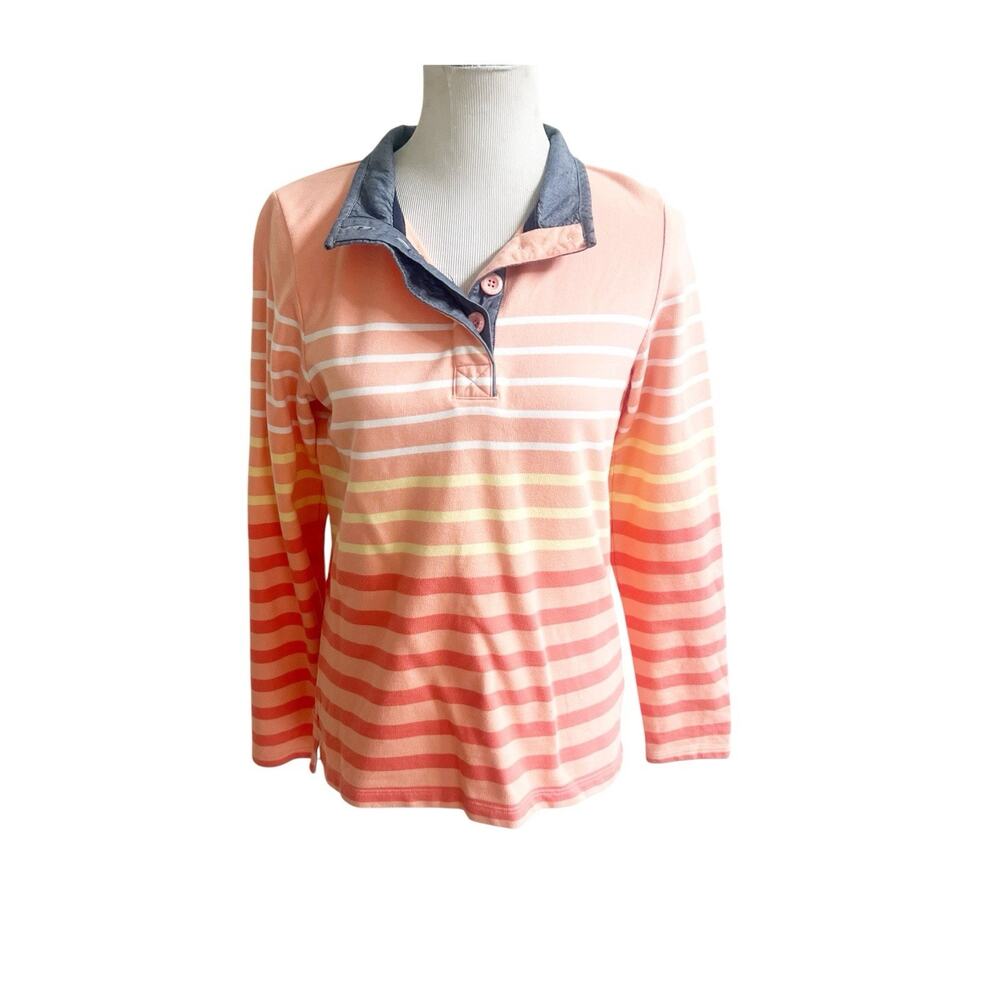 L.L. Bean Women’s Rugby Pullover Striped Chambray Collared Size Small Peach